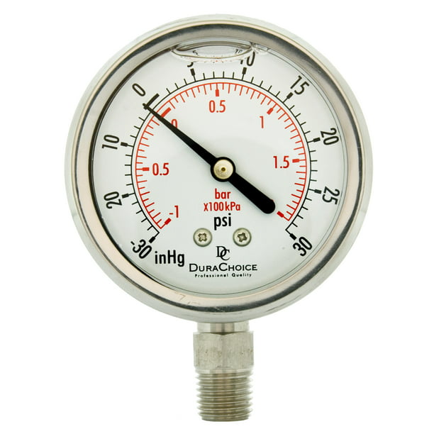 1//4 NPT Lower Mount Connection Brass DuraChoice 2 Oil Filled Vacuum Pressure Gauge Stainless Steel Case 30HG//30PSI